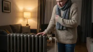 Persona con sciarpa controlla un termosifone in salotto, per capire perché la casa è fredda con il riscaldamento acceso