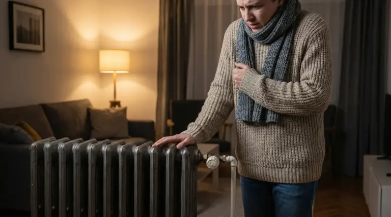 Persona con sciarpa controlla un termosifone in salotto, per capire perché la casa è fredda con il riscaldamento acceso