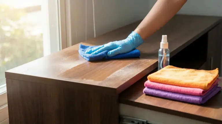 Mano con guanto pulisce la polvere da un mobile in legno con panno in microfibra vicino a una finestra