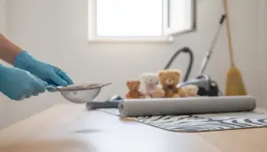 Mani con guanti setacciano polvere su un tavolo; sullo sfondo aspirapolvere, tappeto arrotolato e peluche