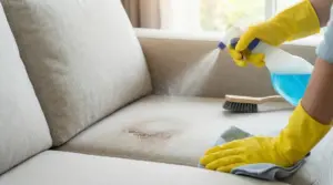 Persona con guanti gialli spruzza detergente e pulisce una macchia su divano in tessuto grigio