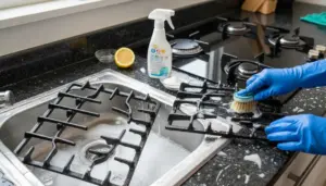 Mani con guanti che puliscono le griglie del piano cottura con spazzola e detergente vicino al lavello