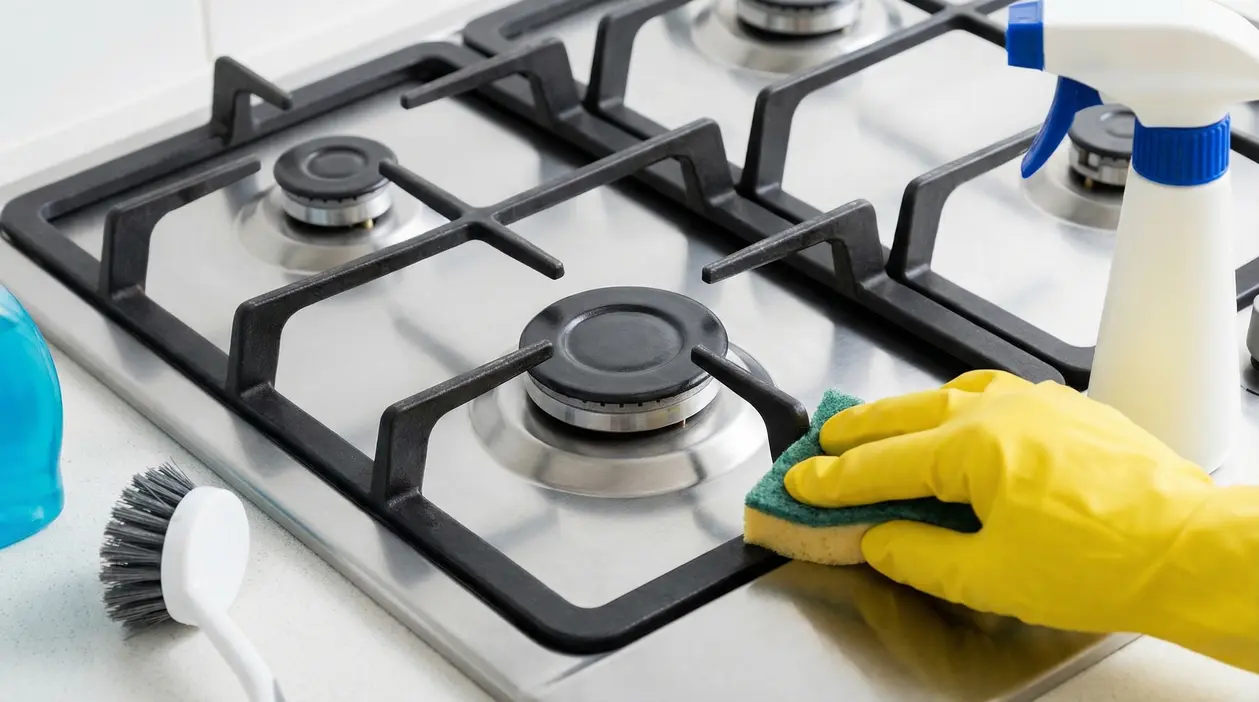Pulizia dei bruciatori del piano cottura a gas con spugna e guanti, accanto a spray detergente