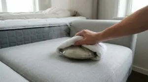 Mano con panno e coperchio caldo appoggiati su un divano in tessuto per la pulizia a vapore delle macchie