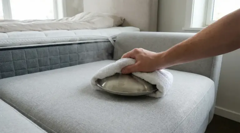 Mano con panno e coperchio caldo appoggiati su un divano in tessuto per la pulizia a vapore delle macchie