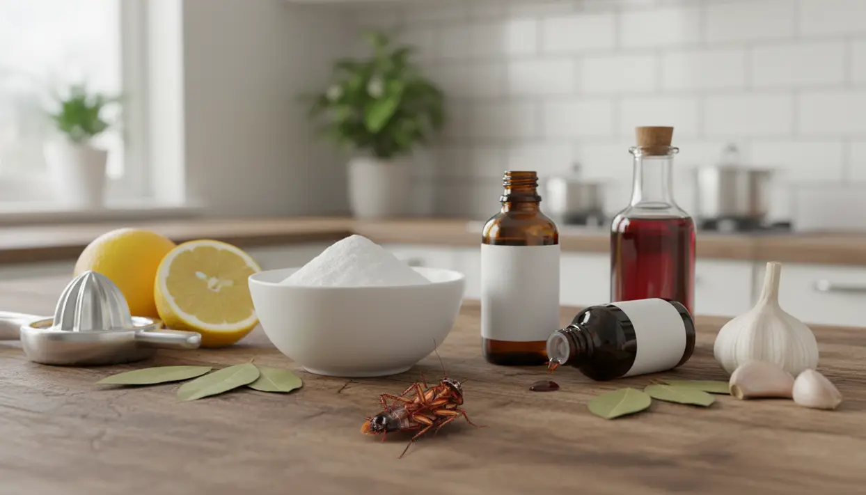 Rimedio naturale contro gli scarafaggi in cucina con limone, aglio, bicarbonato e oli essenziali sul tavolo