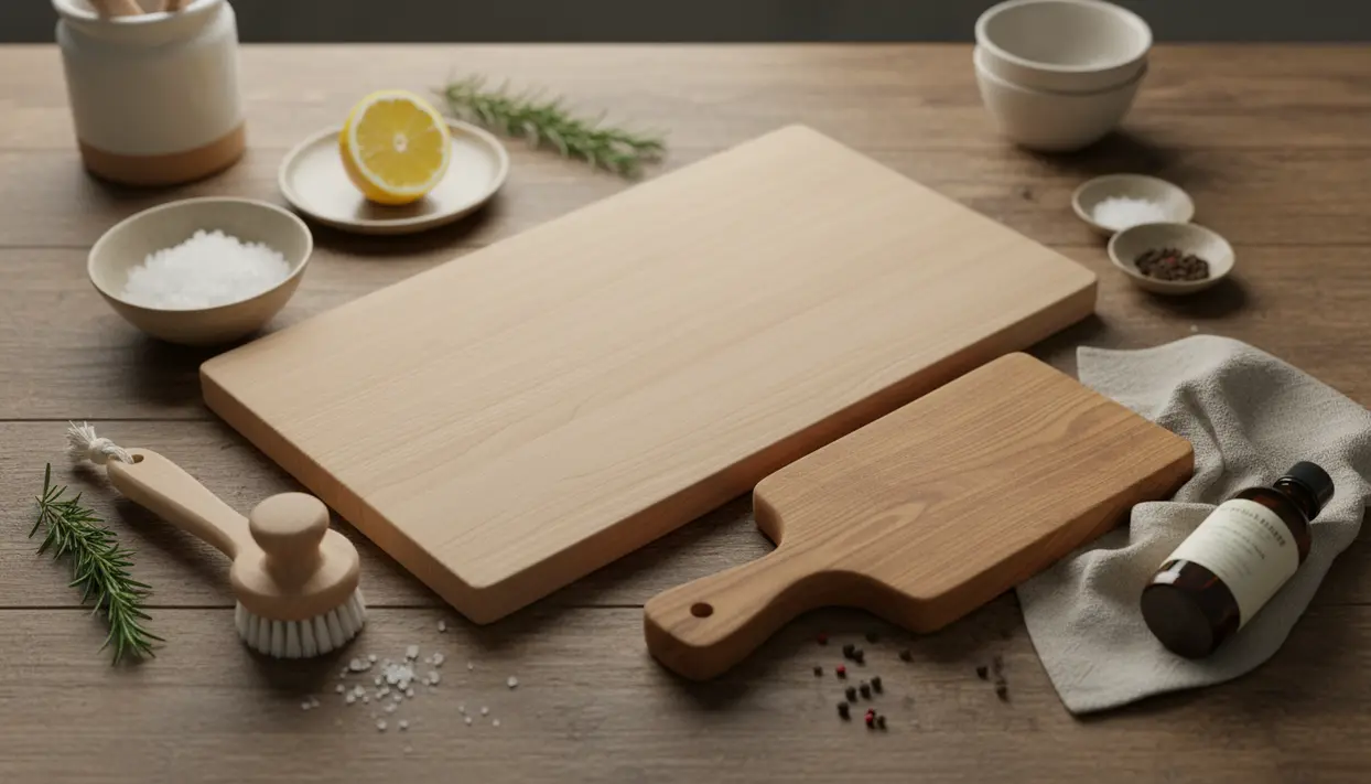 Taglieri in legno su tavolo con spazzola, sale, limone e rosmarino, per igienizzare senza rovinare il legno