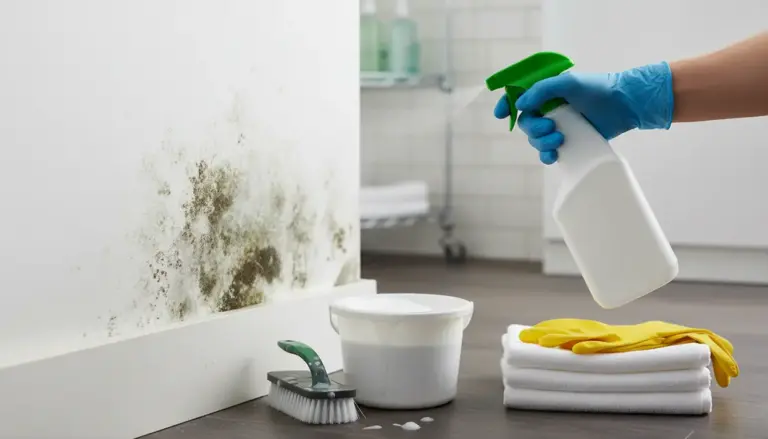 Mano con guanto spruzza detergente su parete con muffa, con spazzola, secchio e panni per la disinfezione