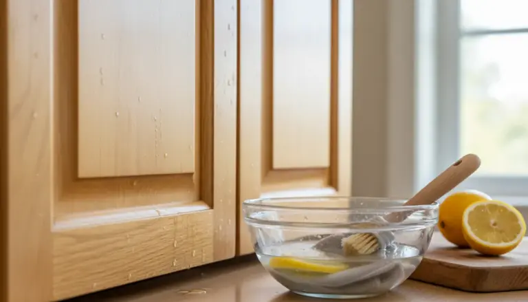 Ante di mobili da cucina in legno con gocce, ciotola d’acqua e limone per pulizia naturale