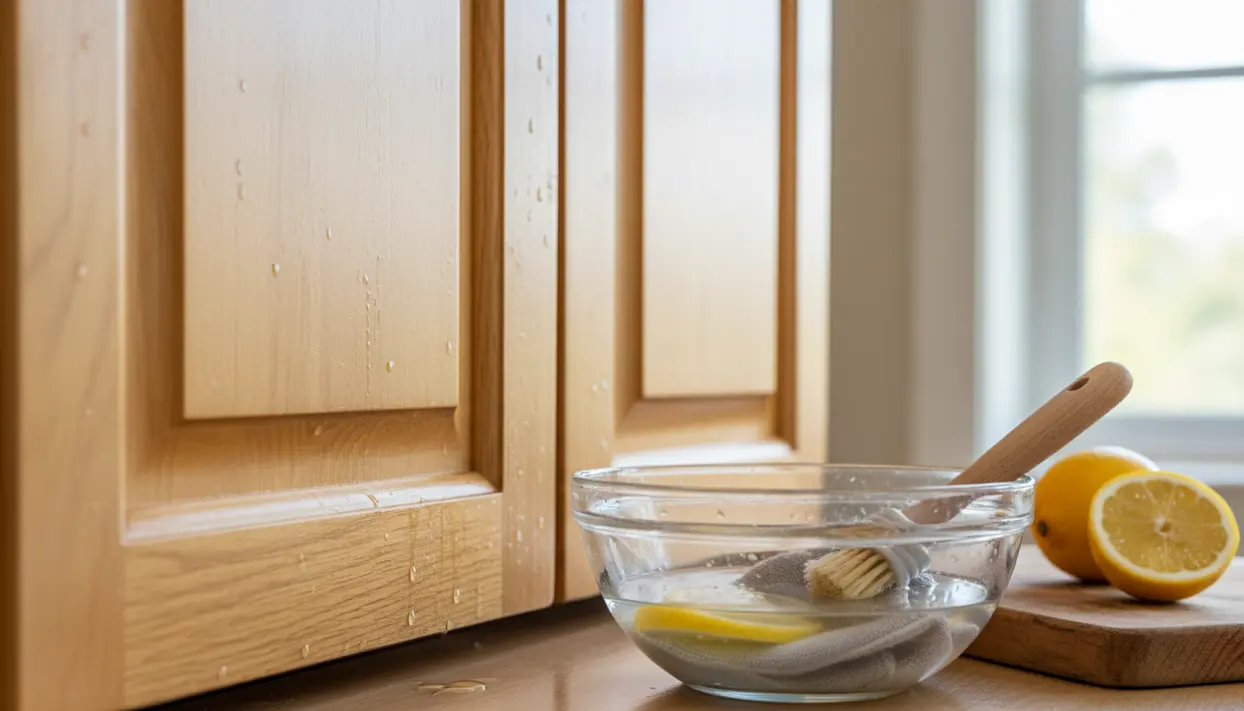 Ante di mobili da cucina in legno con gocce, ciotola d’acqua e limone per pulizia naturale