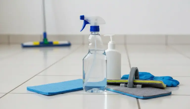 Prodotti per pulire e disinfettare il pavimento: flacone spray, panno in microfibra, guanti e mop su piastrelle