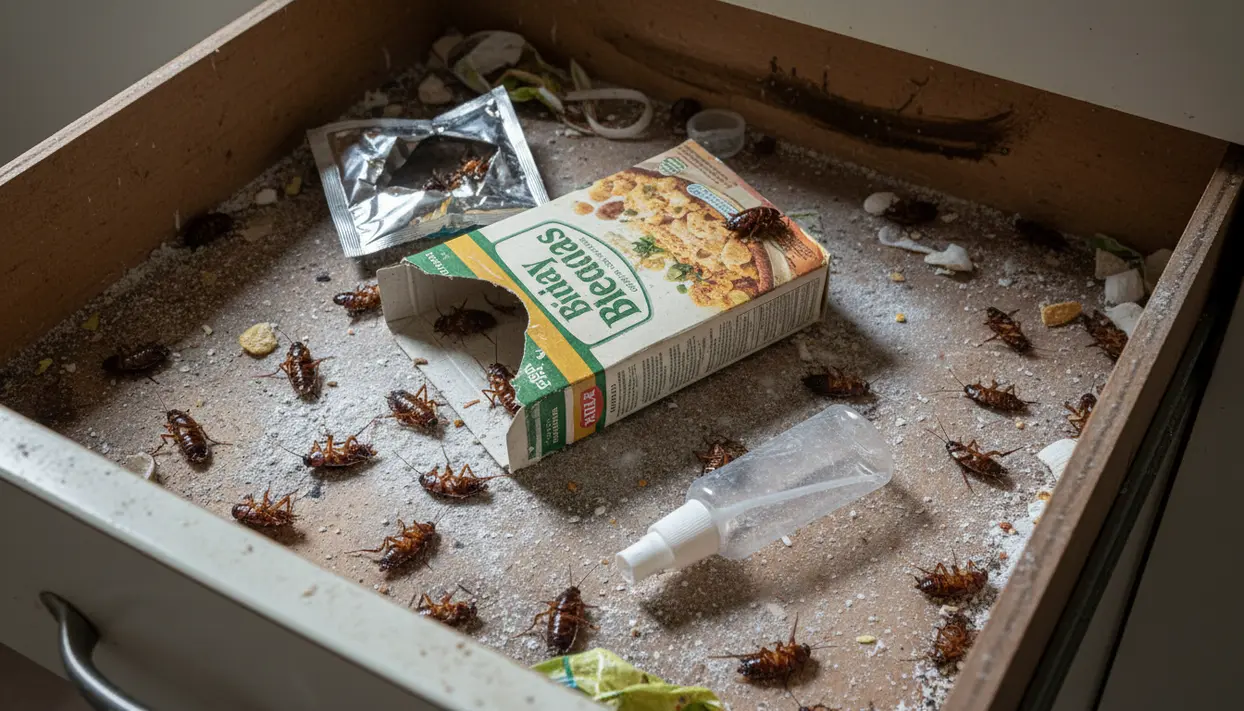 Cassetto della cucina con blatte morte, briciole e confezioni di cibo, segno di infestazione persistente