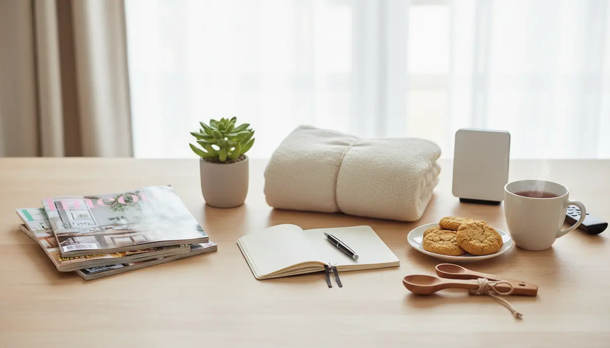 Tavolo ordinato con taccuino e penna, plaid piegato, tazza di tè, biscotti, riviste e piantina in vaso