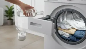 Mano versa aceto nel cassetto della lavatrice; barattolo di bicarbonato e bucato nel cestello sullo sfondo