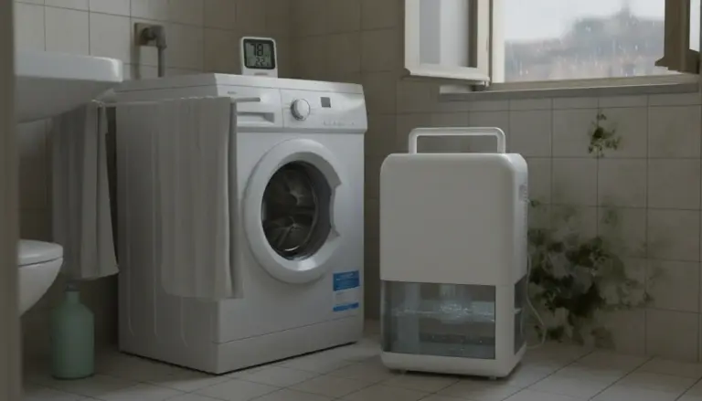 Deumidificatore in lavanderia accanto alla lavatrice, con macchie di muffa su parete piastrellata