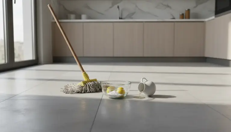 Mocio e ciotola con limoni e bicarbonato su pavimento opaco in cucina, per una pulizia brillante