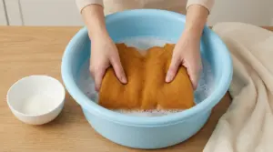 Mani che lavano a mano un maglione in cashmere in una bacinella con acqua e sapone, su un tavolo