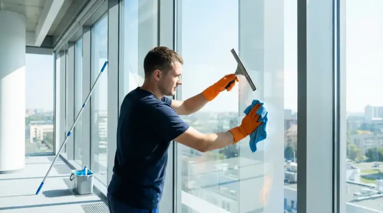 Persona che pulisce grandi vetrate con tergivetro e panno in microfibra, indossando guanti arancioni