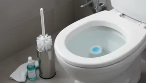 WC con pastiglia detergente nell’acqua, spazzolino nel porta scopino e detergente per pulizia rapida